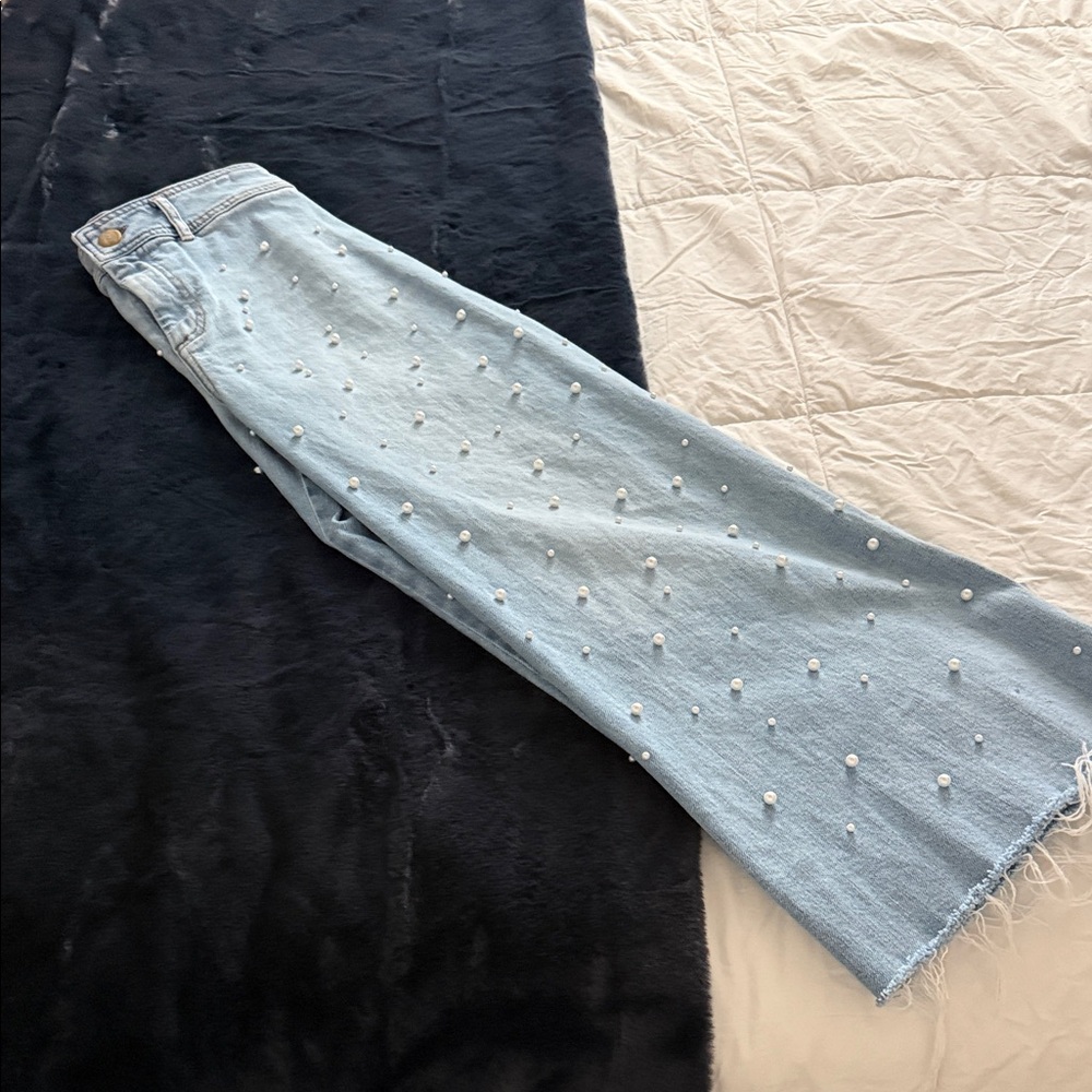 ANTONIO MELANI Light Blue Wide Leg Jeans with Pearl Accents